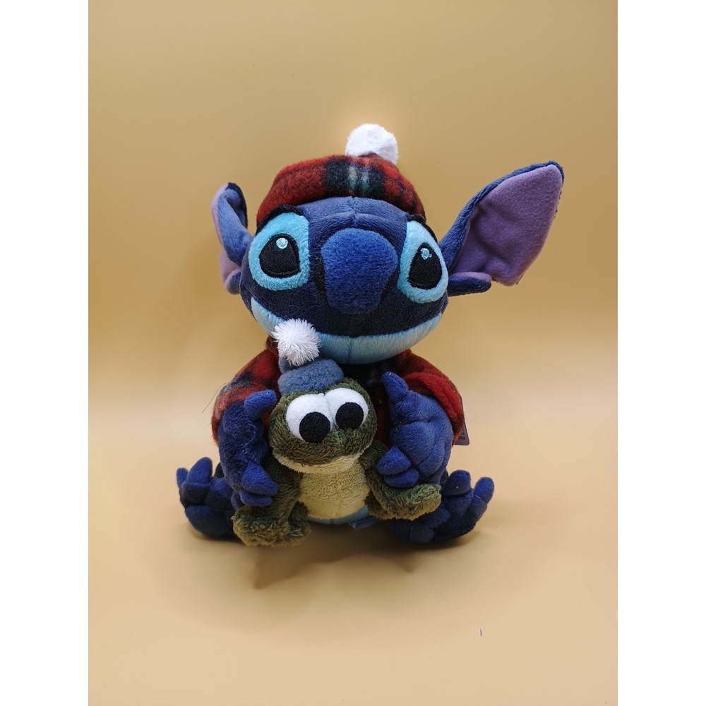 2005 Disney Store Plaid Flannel Knit Cap Stitch with Pet Frog 6" Plush NWT